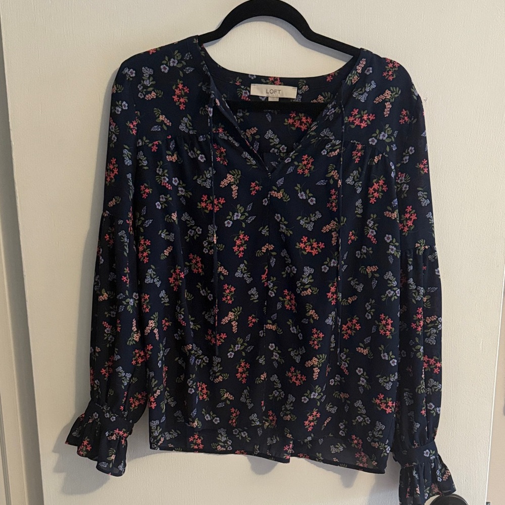 LOFT Dark Blue Floral Blouse with Red and Green Details